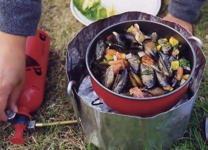 One of my favourite meal ever. Fresh mussels from what must be one of the best fishmongers in the country, in Porthleven, Cornwall, cooked in a good white wine on my trusty camping stove. Summer 1998.
