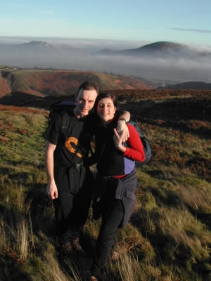 AJ and I on the Long Mynd in Shropshire with Caer Caradoc behind, December 2001.