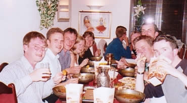 Balti in Kingsbridge, Devon, July 2001, washed down with some very local Blewitts beer! (Paul, Gareth, me, Sara, Richard, Ian, Rog, Jim and Mike)